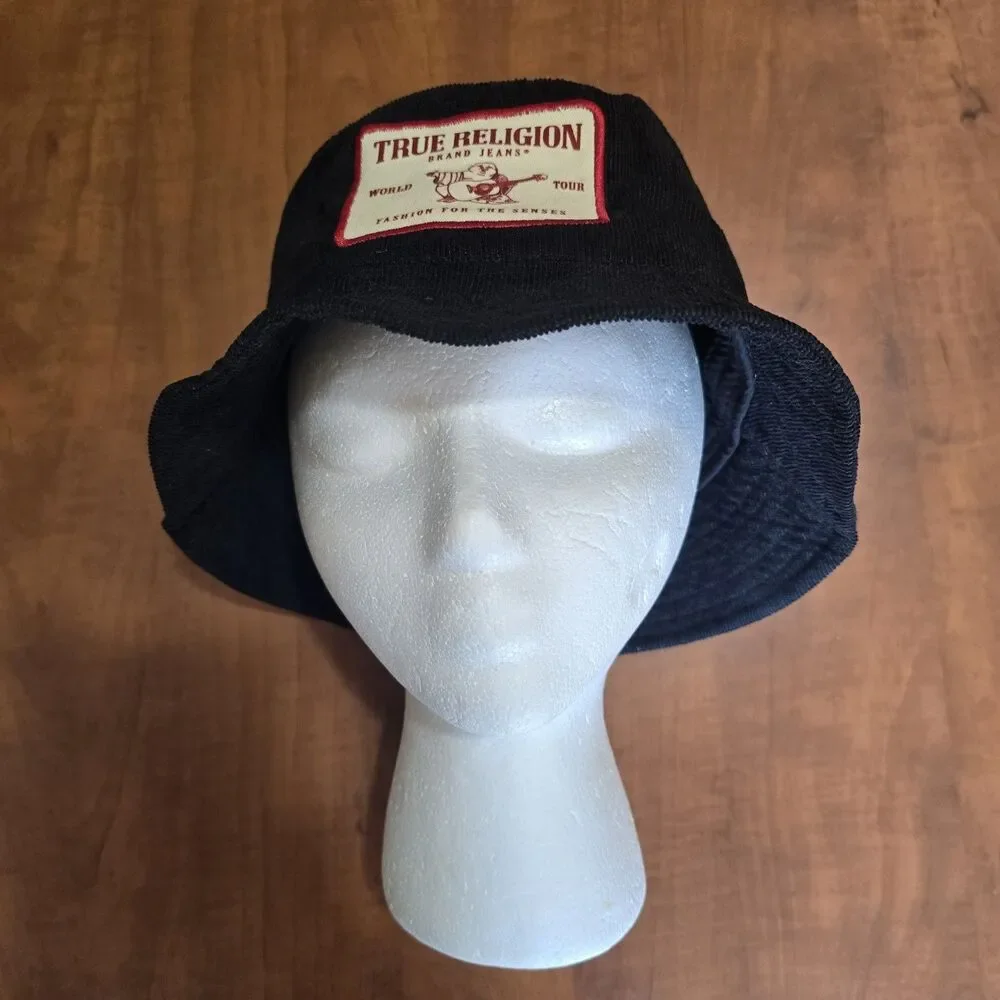 True Religion Black Corduroy Buddha Patch Logo Bucket Hat OSFM